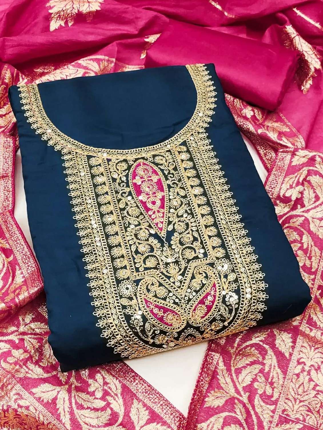 women solid with work unstitched suit set