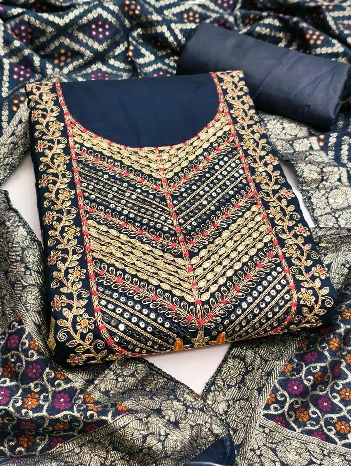 women solid with work unstitched suit set