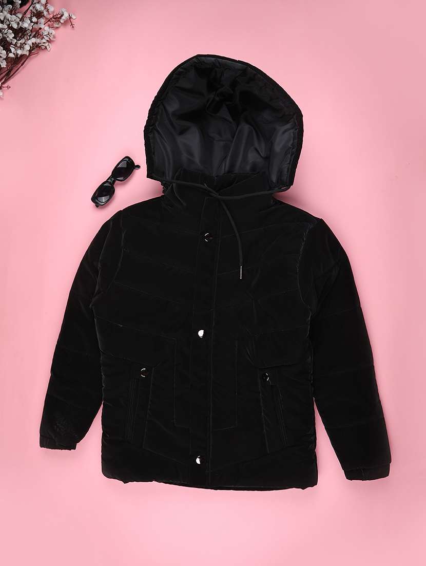 girls solid long sleeve hooded regular jacket