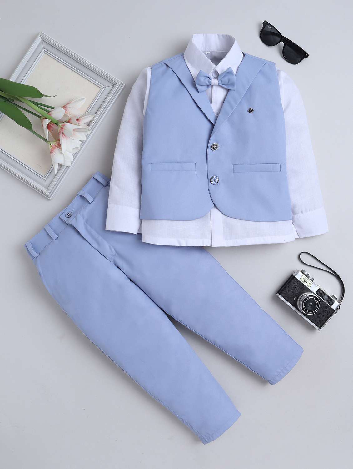 boys solid waistcoat and trouser set with shirt