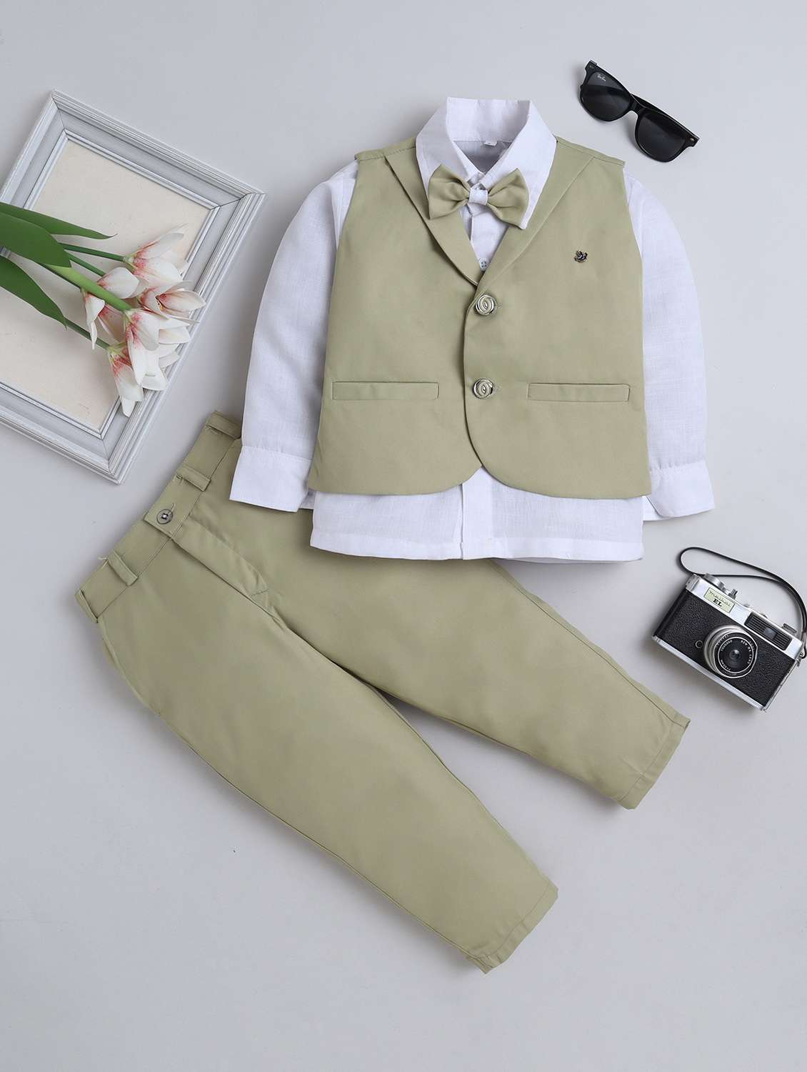 boys solid waistcoat and trouser set with shirt
