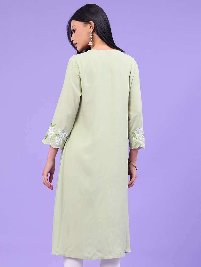 women solid with work three quarter sleeve a-line kurta - 22246318 -  Standard Image - 3