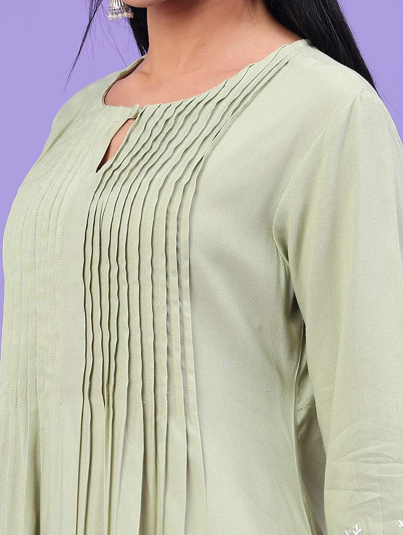 women solid with work three quarter sleeve a-line kurta - 22246318 -  Standard Image - 5