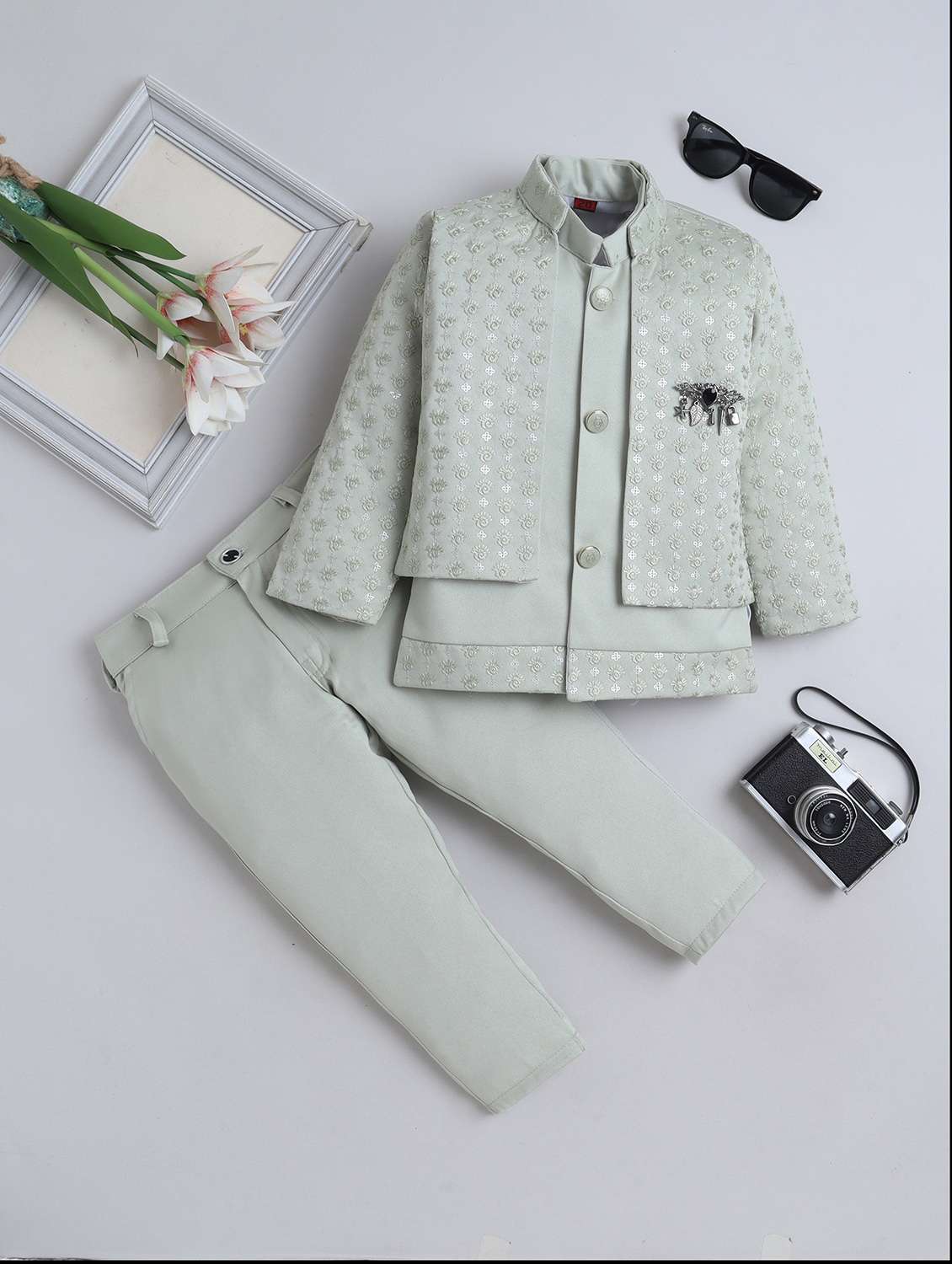 boys embroidered long sleeve sherwani set