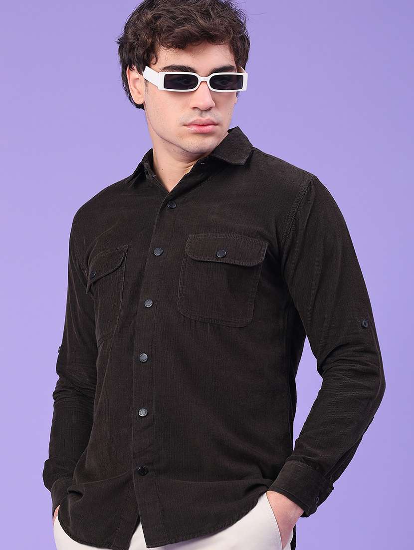 men solid collared long sleeve shirt