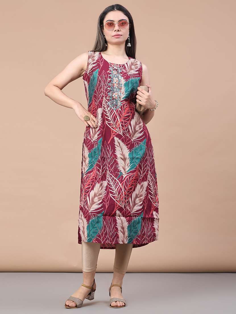 women printed sleeveless straight kurta