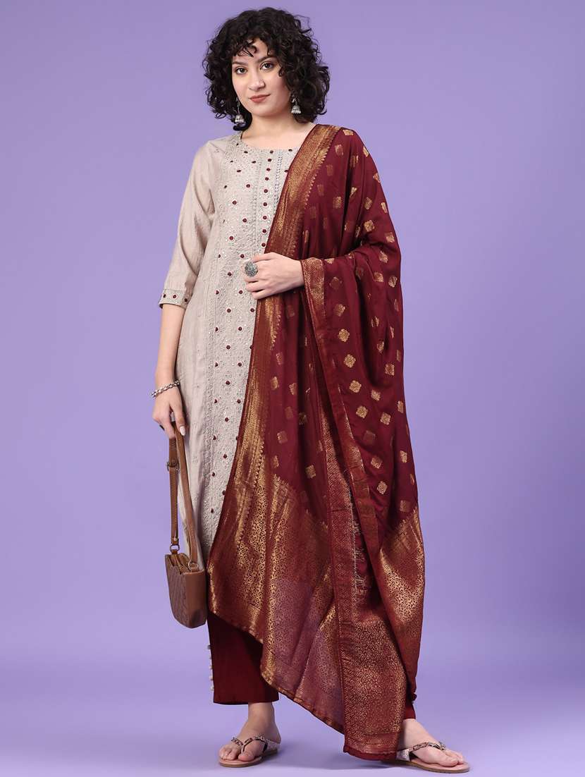 women solid with work three quarter sleeve kurta pant with dupatta set