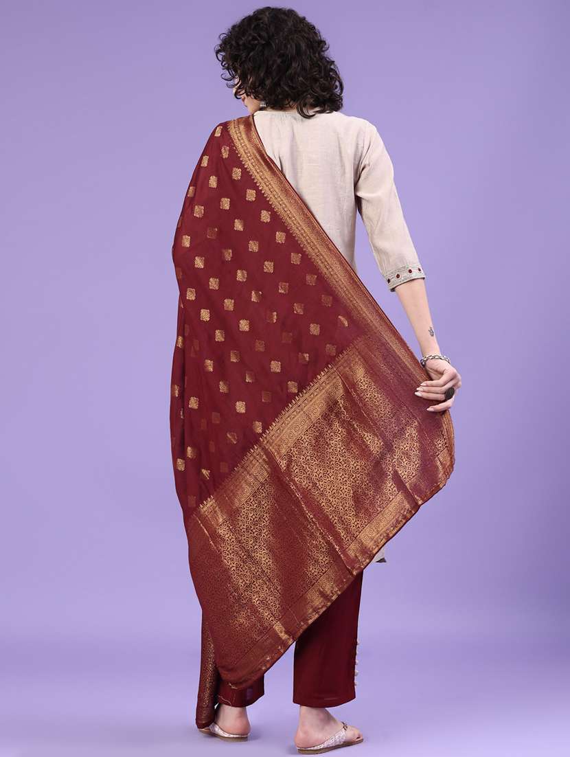 women solid with work three quarter sleeve kurta pant with dupatta set - 22246536 -  Standard Image - 3