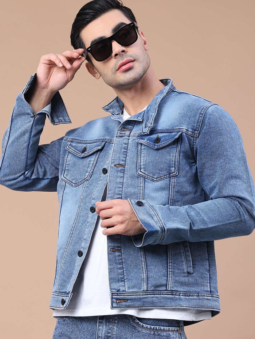 men washed long sleeve denim jacket