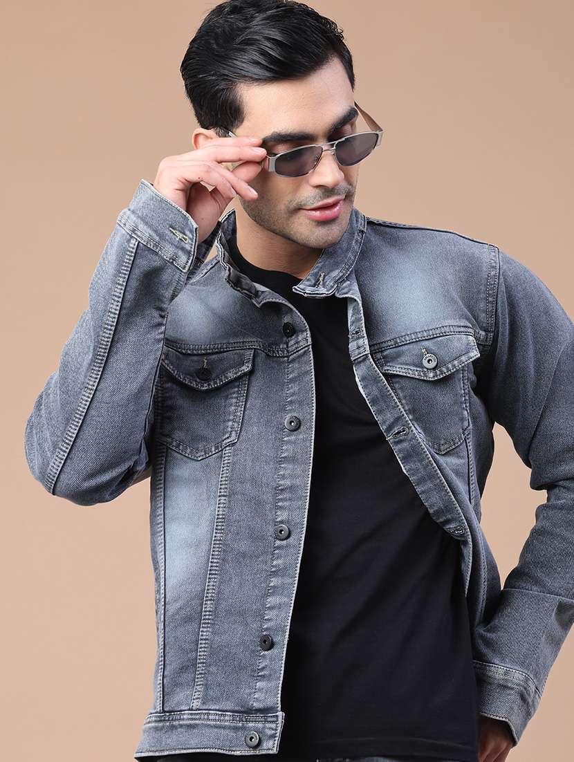 men washed long sleeve denim jacket