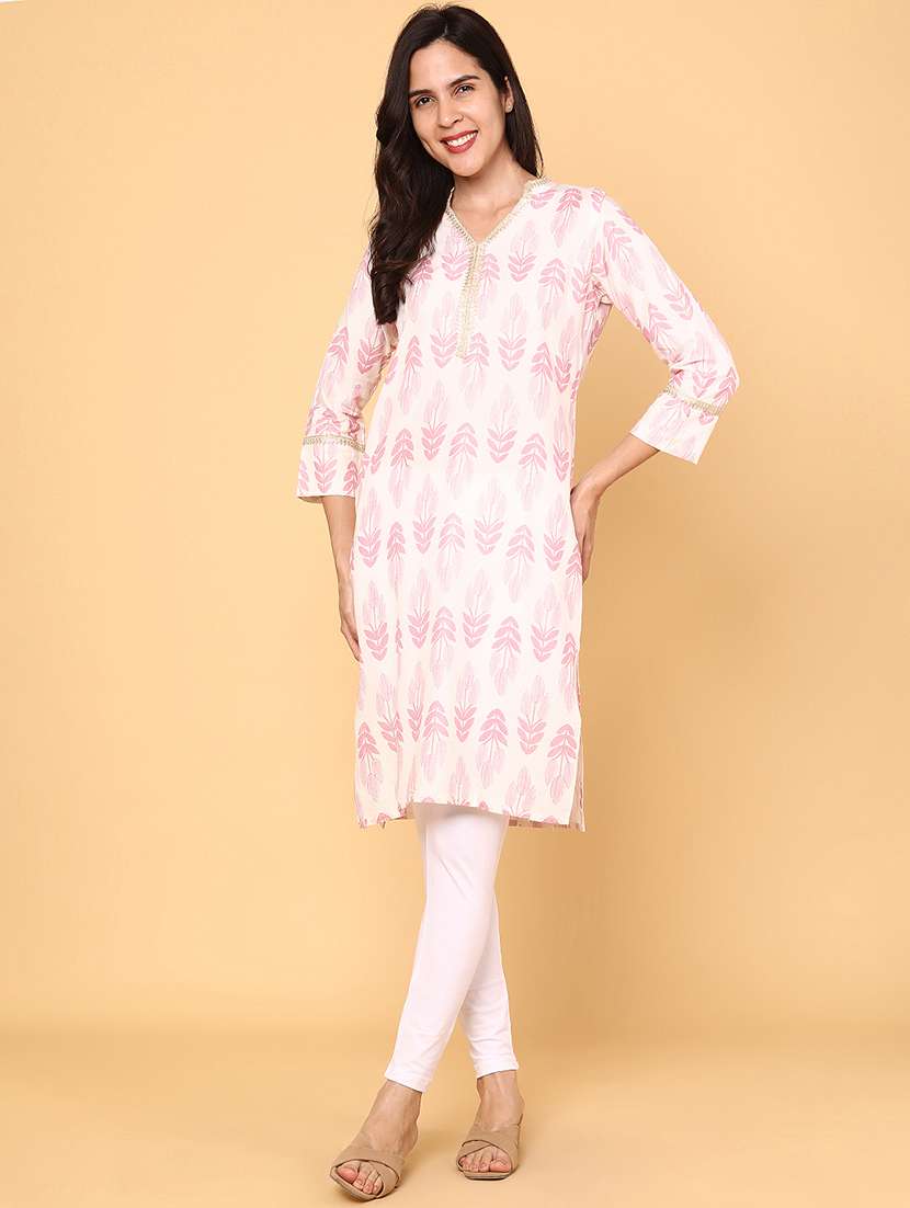 women printed three quarter sleeve straight kurta