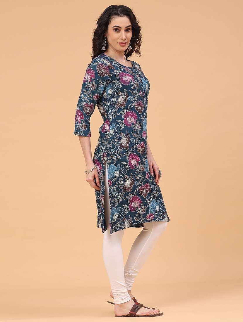 women floral printed three quarter sleeve straight kurta - 22246620 -  Standard Image - 3