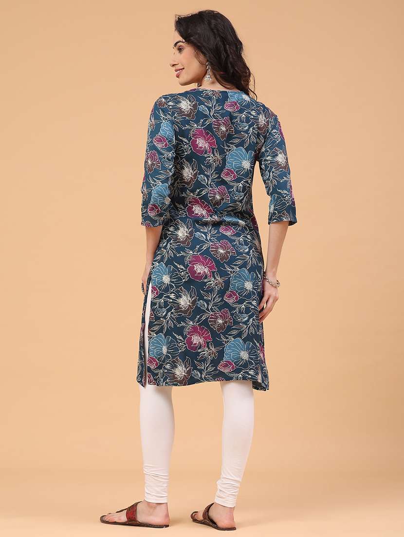 women floral printed three quarter sleeve straight kurta - 22246620 -  Standard Image - 5