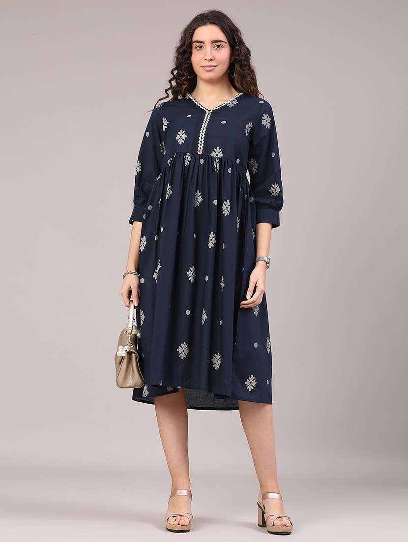 women printed three quarter sleeve a-line ethnic dress