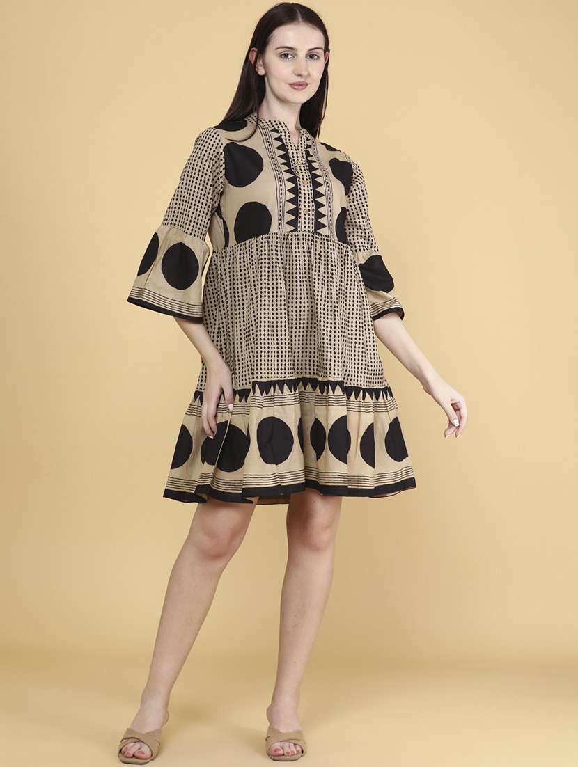 women printed mandarin neck tiered dress