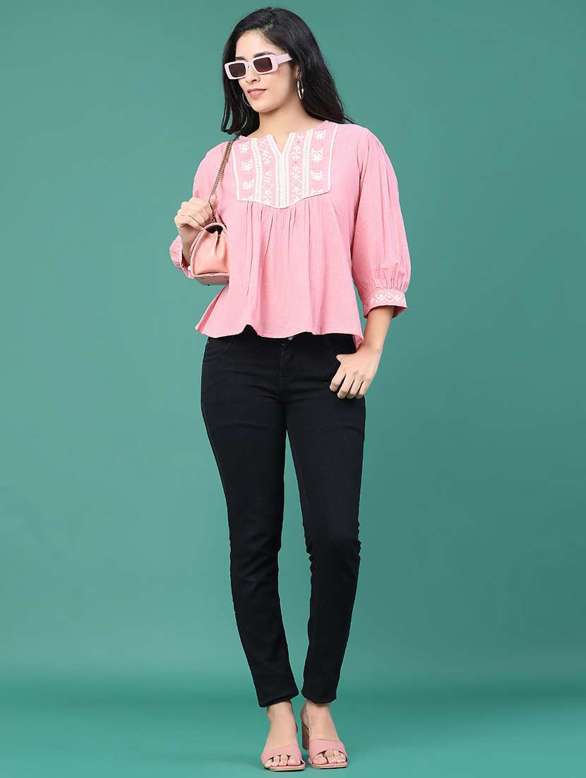 women solid with work three quarter sleeve a-line top - 22246666 -  Standard Image - 5