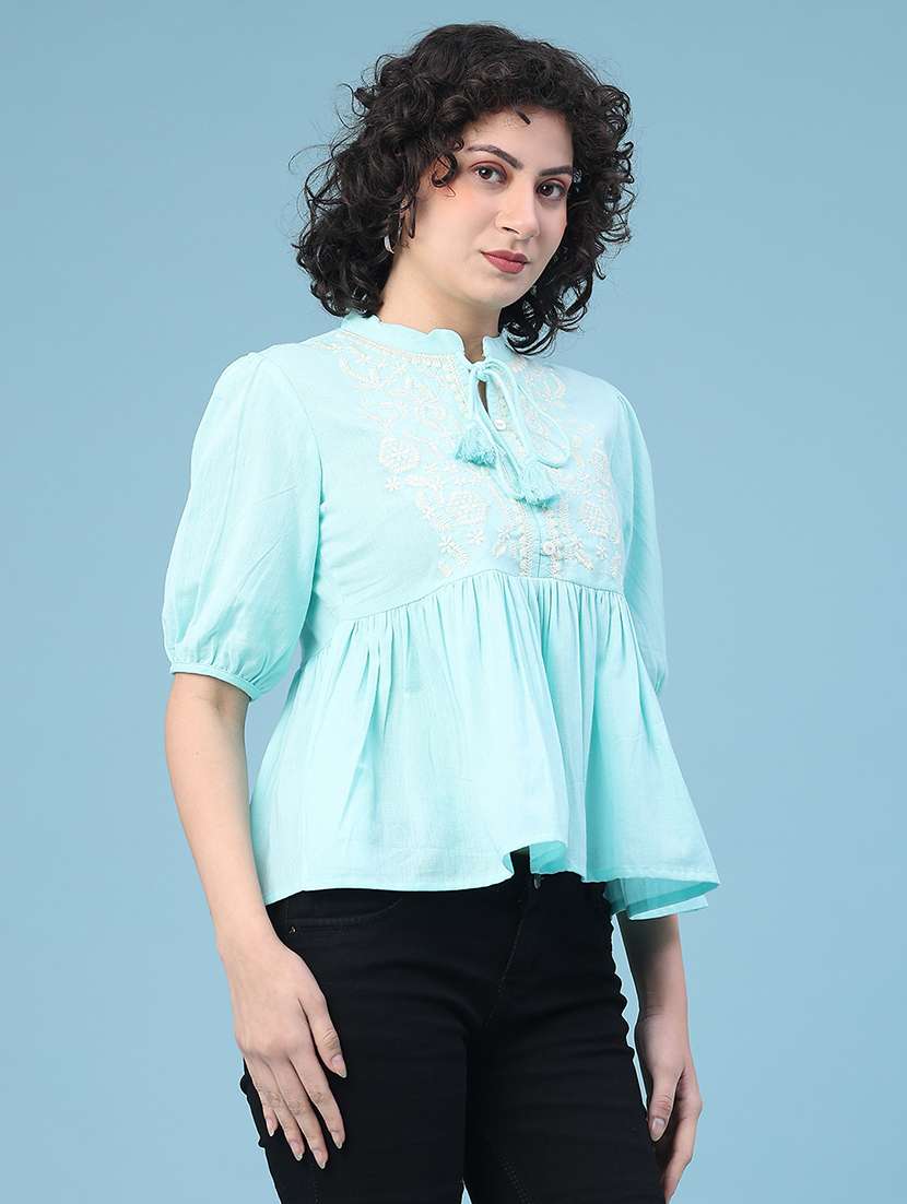 women solid with work tie-up neck top - 22246714 -  Standard Image - 3