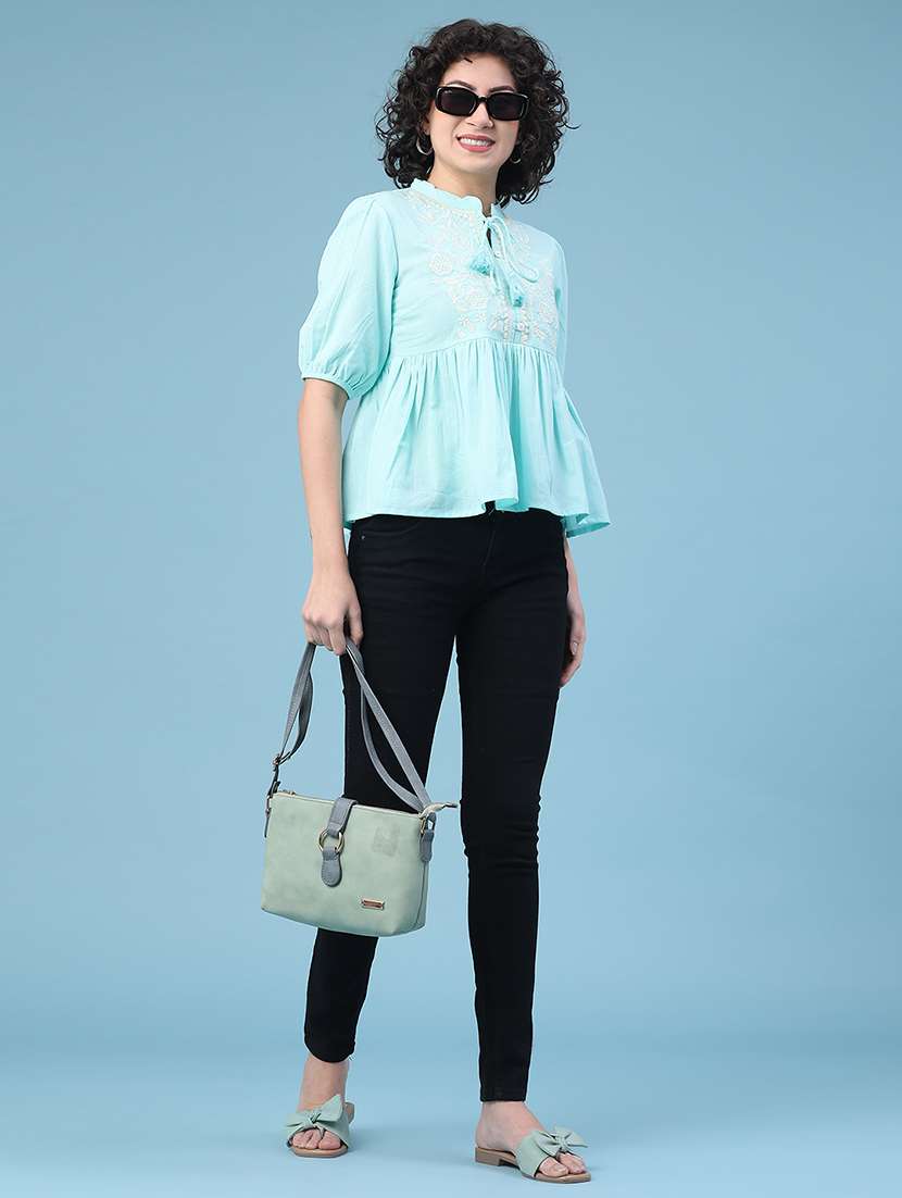 women solid with work tie-up neck top - 22246714 -  Standard Image - 5