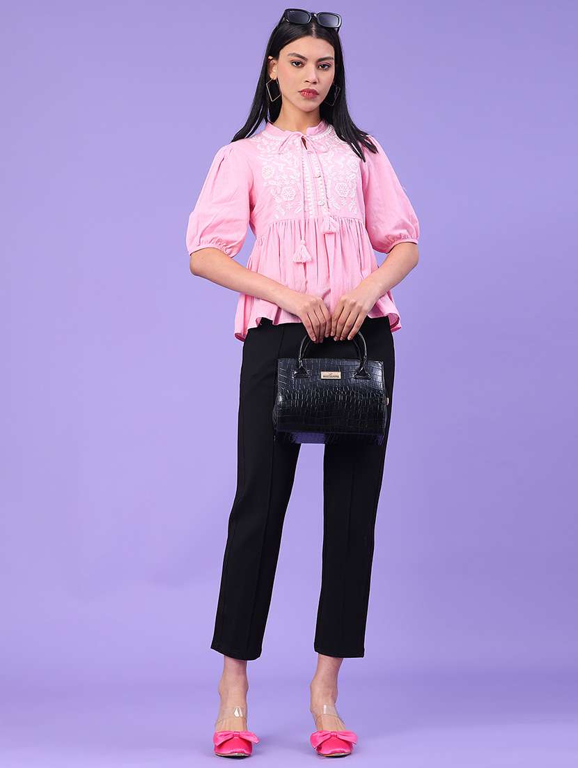 women solid with work puff sleeve peplum top - 22246715 -  Standard Image - 5