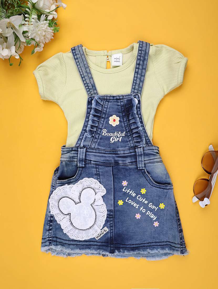 girls printed puff sleeve dungaree dress