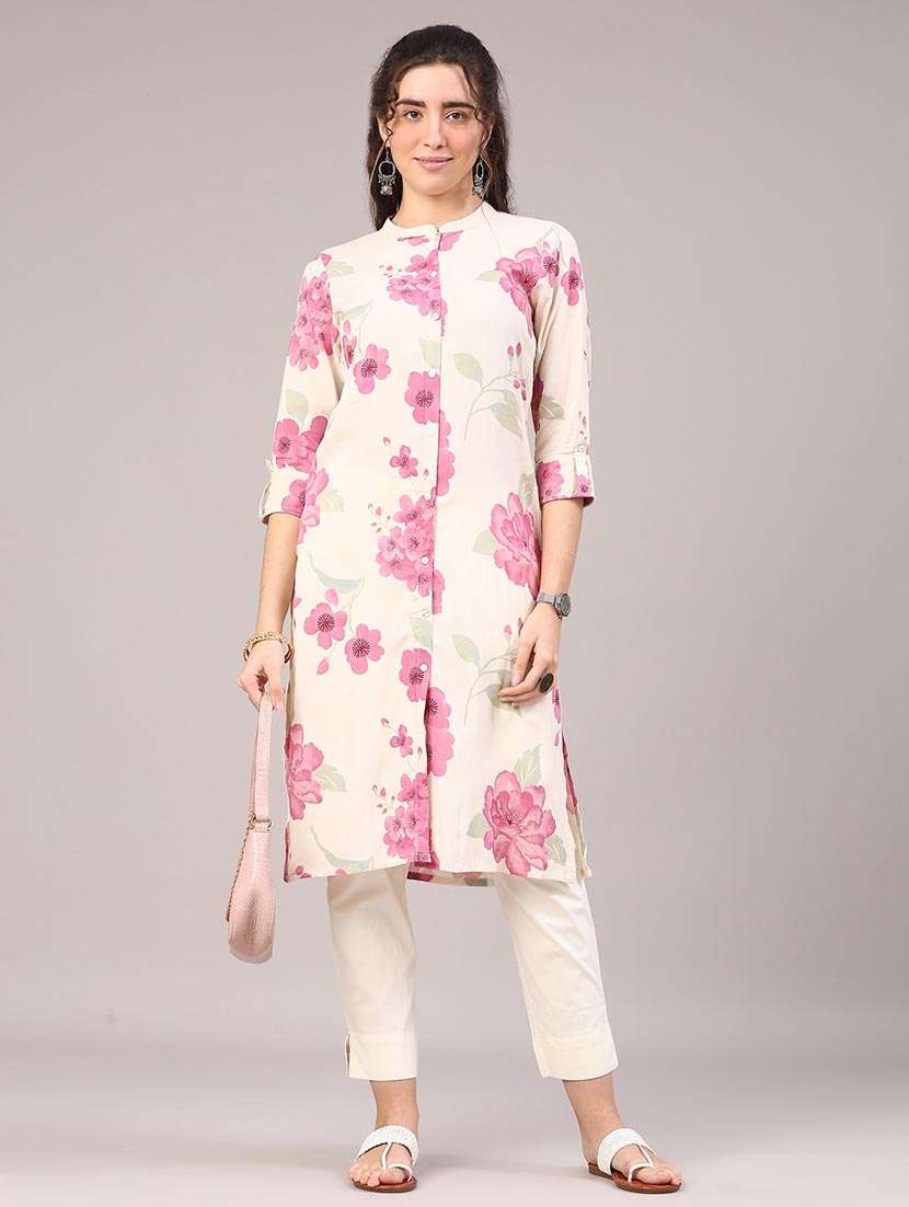 women floral three quarter sleeve straight kurta