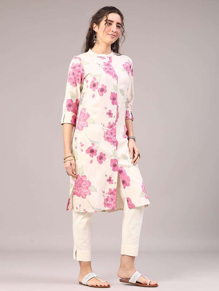 women floral three quarter sleeve straight kurta - 22246925 -  Standard Image - 3