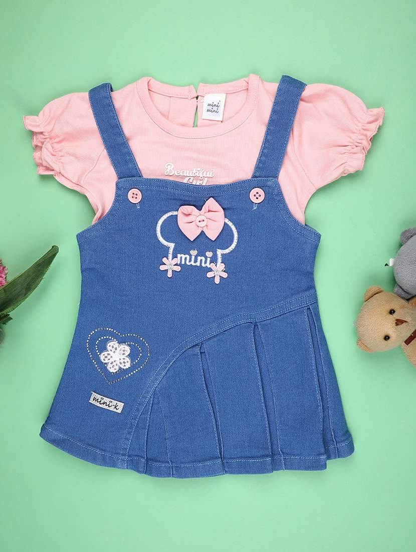 girls embroidered puff sleeve dungaree dress