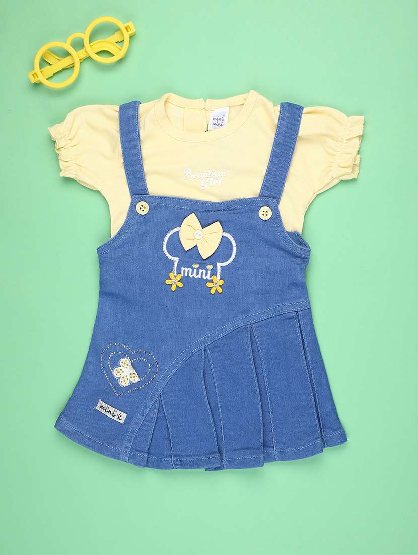 girls embroidered puff sleeve dungaree dress