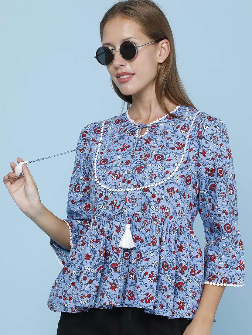 women printed three quarter sleeves flared kurti