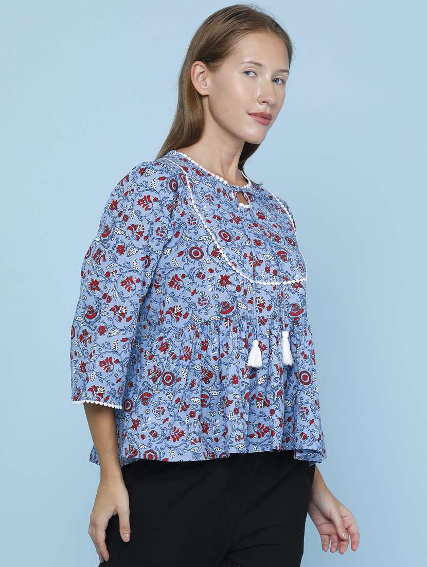 Women Printed Three Quarter Sleeves Flared Kurti - 22247096 -  Standard Image - 3