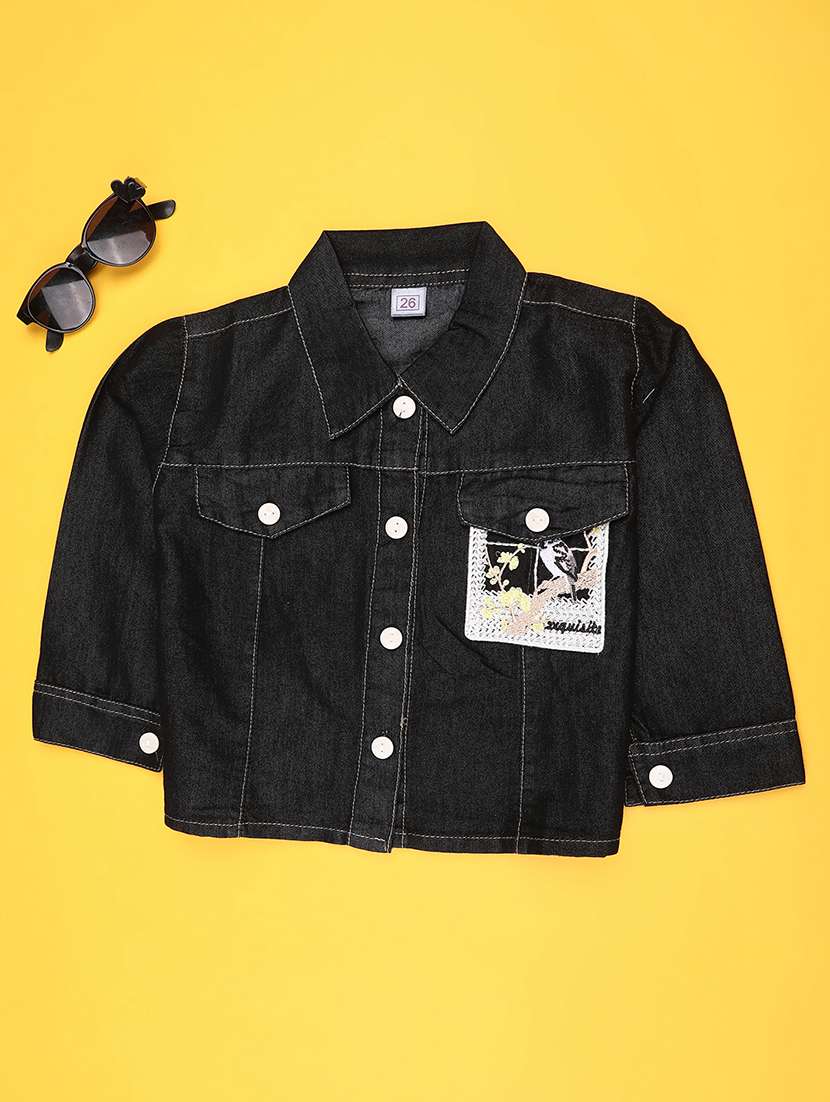 black cotton printed shirt collar top