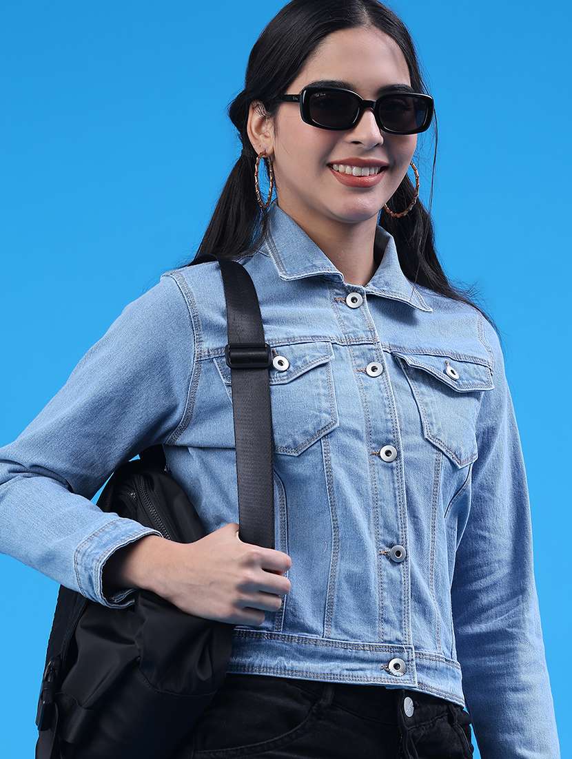 women solid long sleeve denim jacket