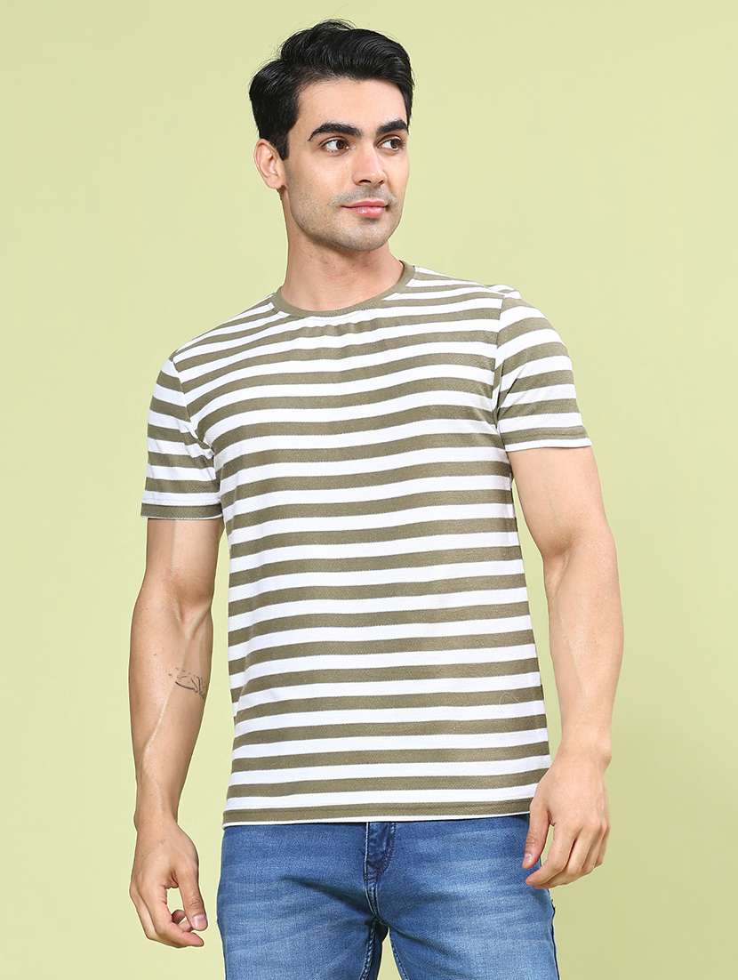 men brown stripes cotton blend plain t-shirt