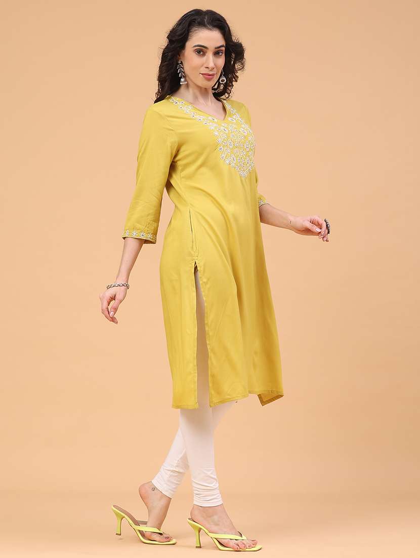 women solid with work three quarter sleeve straight kurta - 22247573 -  Standard Image - 3