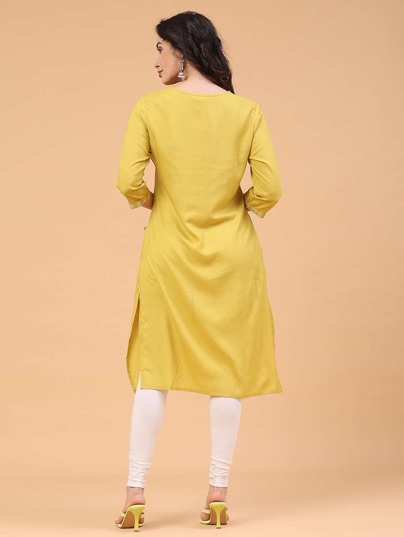 women solid with work three quarter sleeve straight kurta - 22247573 -  Standard Image - 5