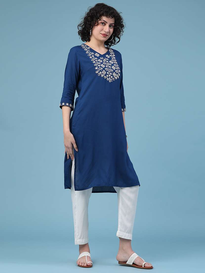 women solid with work three quarter sleeve straight kurta - 22247574 -  Standard Image - 3