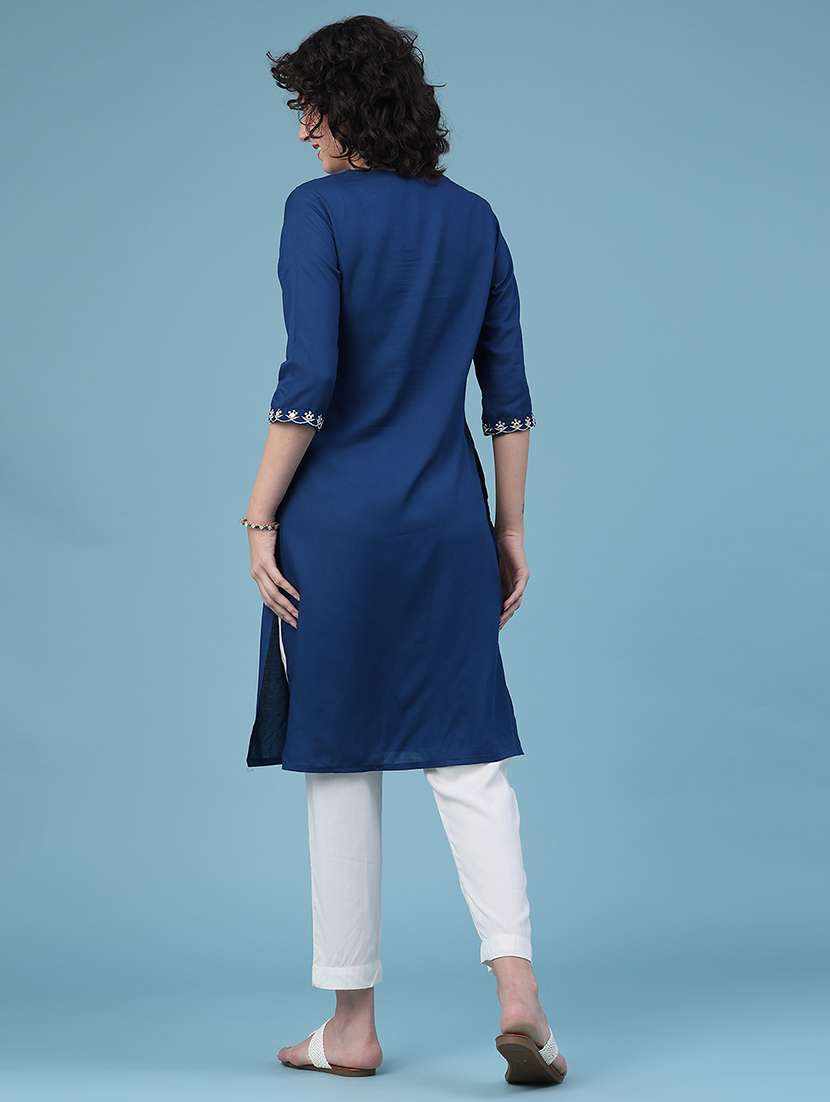 women solid with work three quarter sleeve straight kurta - 22247574 -  Standard Image - 5