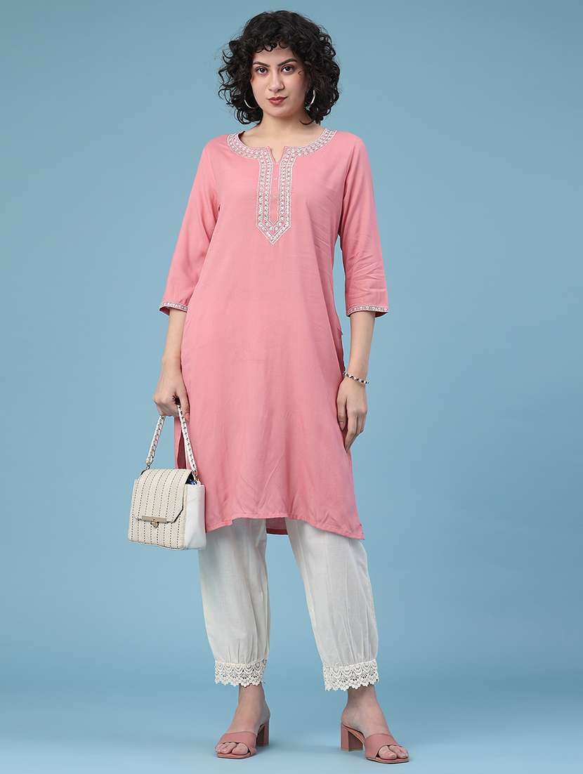 women solid with work three quarter sleeve straight kurta