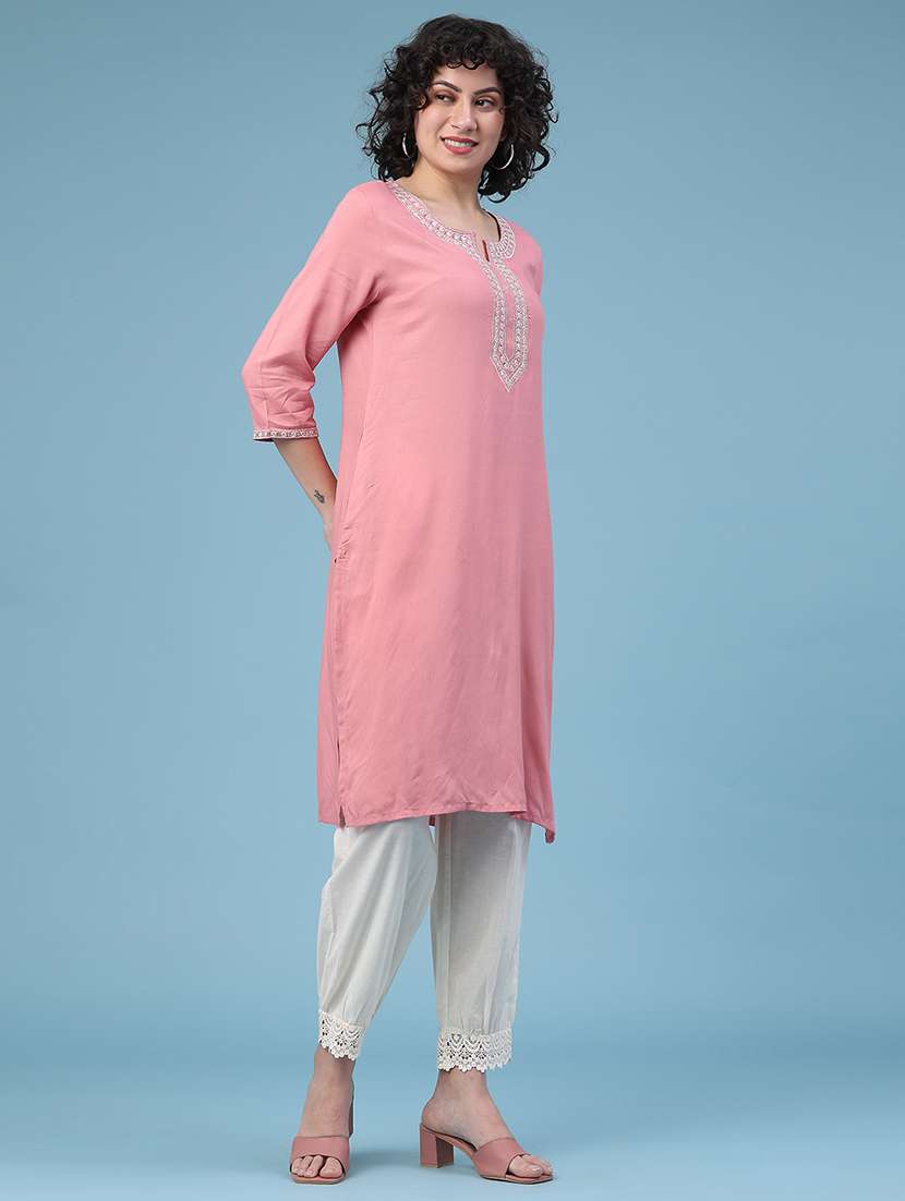 women solid with work three quarter sleeve straight kurta - 22247575 -  Standard Image - 3