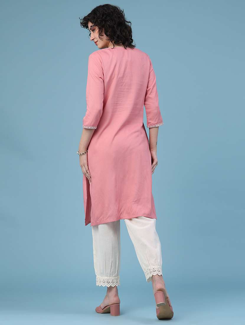 women solid with work three quarter sleeve straight kurta - 22247575 -  Standard Image - 5
