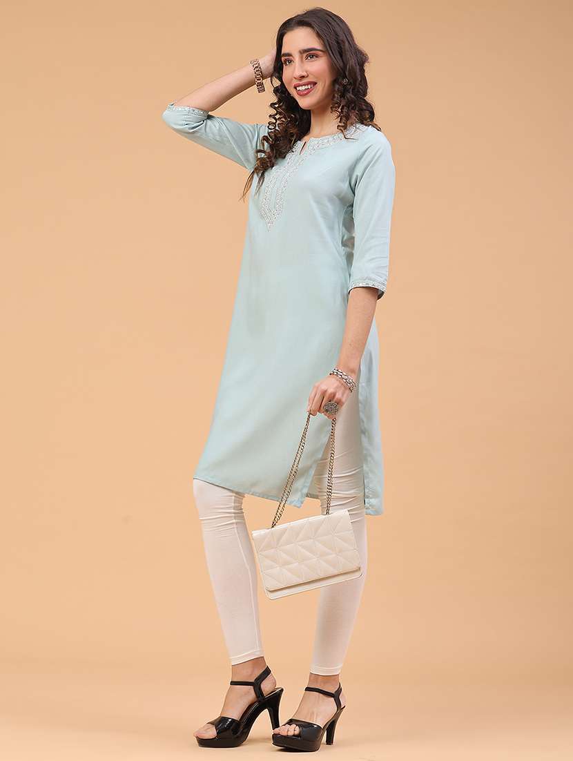 women solid with work three quarter sleeve straight kurta - 22247576 -  Standard Image - 3