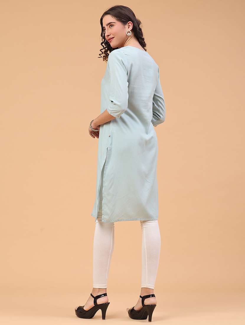 women solid with work three quarter sleeve straight kurta - 22247576 -  Standard Image - 5
