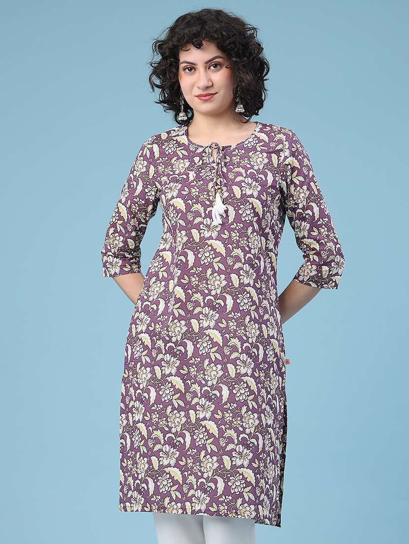 women floral printed three quarter sleeve straight kurta