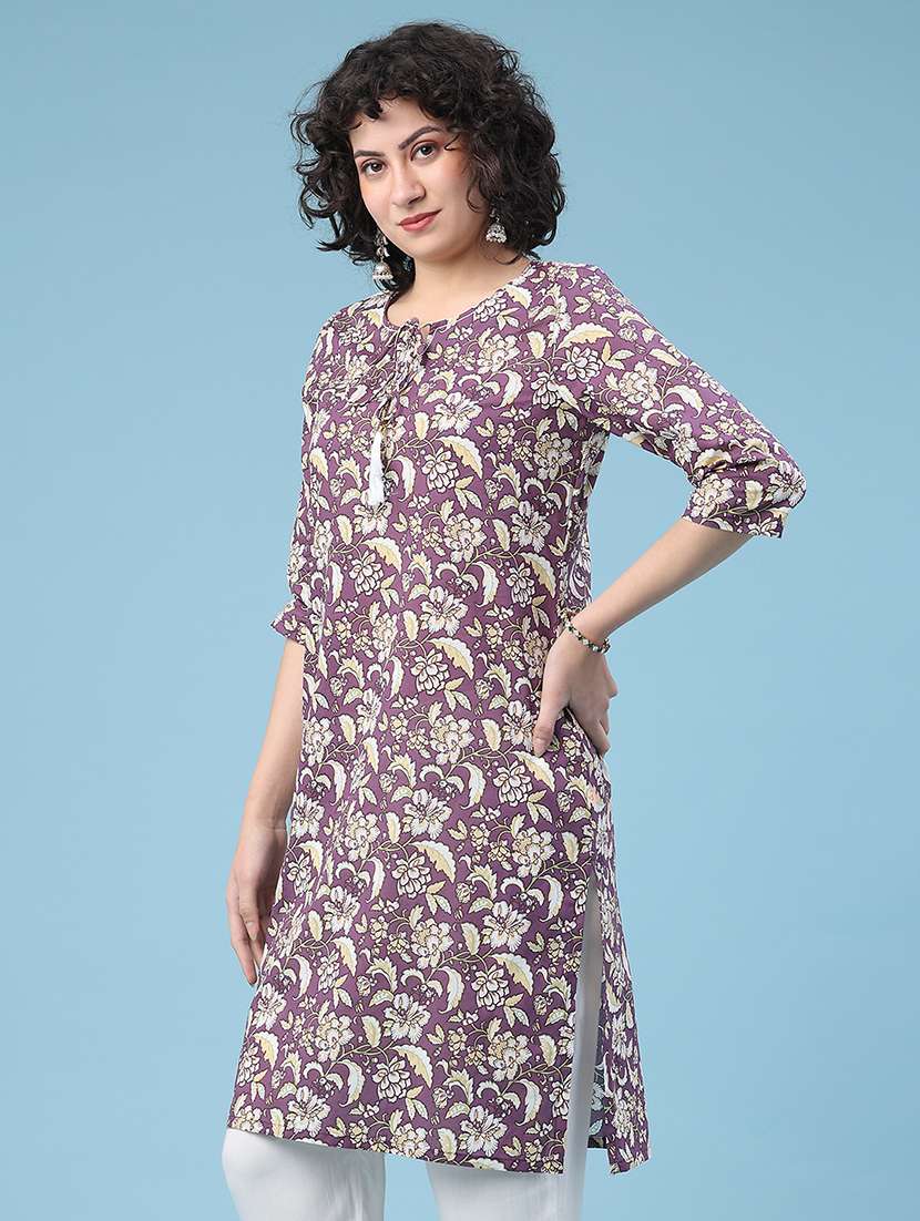 women floral printed three quarter sleeve straight kurta - 22248165 -  Standard Image - 3
