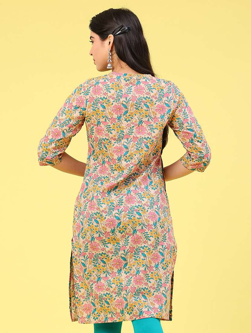 women floral printed three quarter sleeve straight kurta - 22248167 -  Standard Image - 3