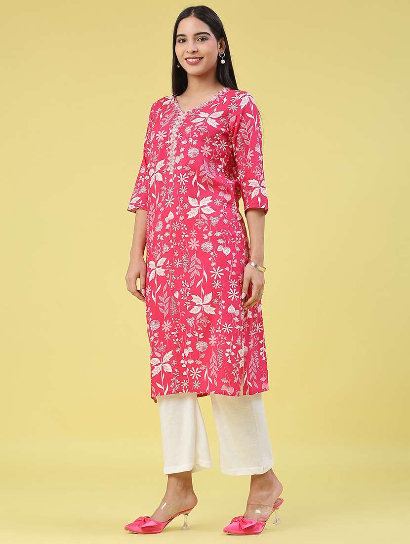 women floral three quarter sleeve kurta pant set - 22248174 -  Standard Image - 3