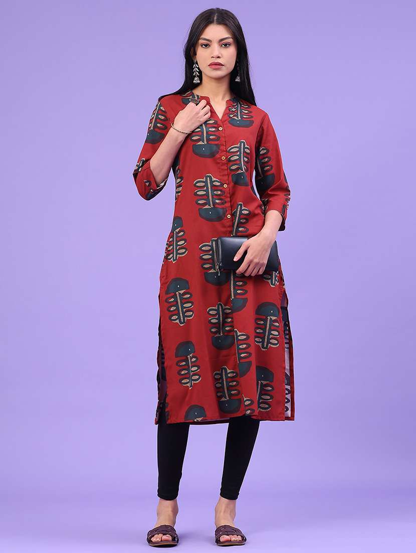 women printed three quarter sleeve straight kurta
