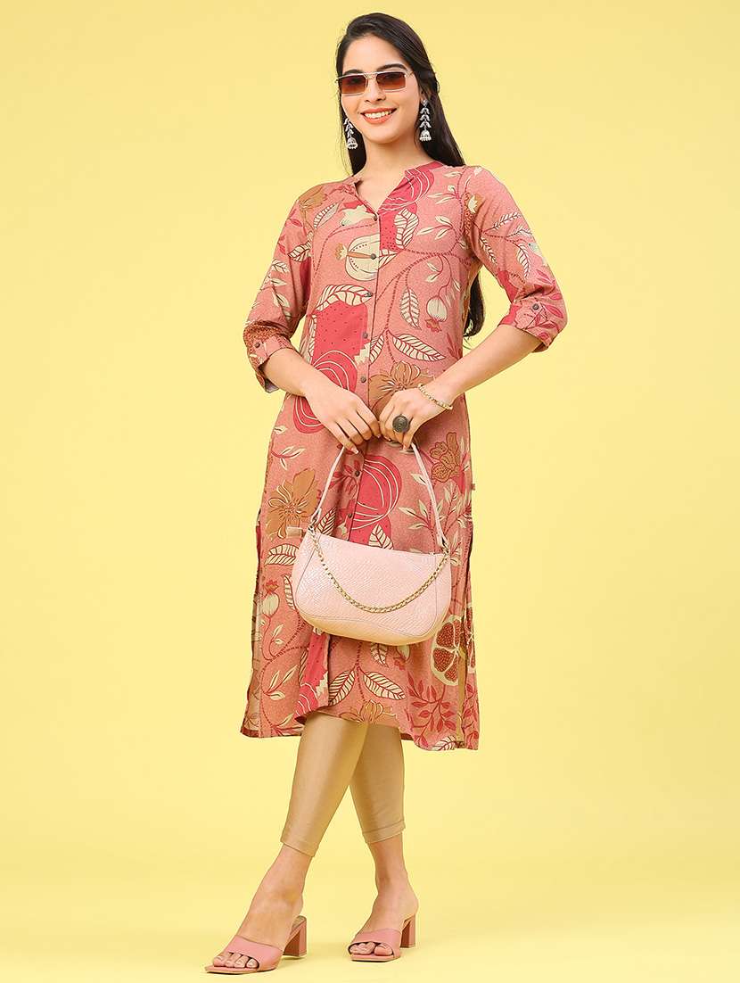 women printed three quarter sleeve straight kurta