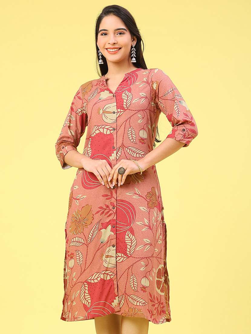 Women Printed Three Quarter Sleeve Straight Kurta - 22248180 -  Standard Image - 3