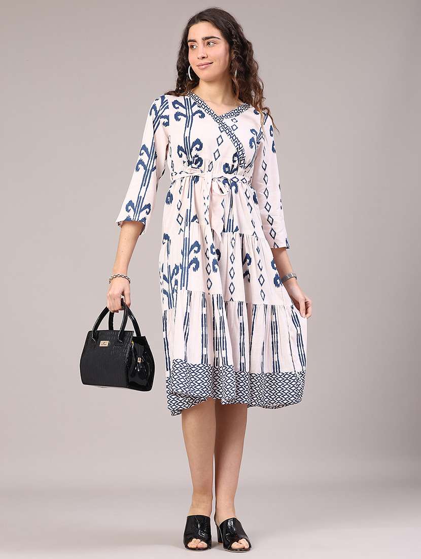 women ikat printed three quarter sleeve tiered ethnic dress